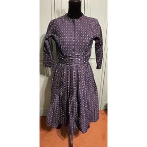 Jeanne D'Arc VTG 50s Navy‎ Dress EUC Fit and Flare 3/4 sleeves ruching pleats